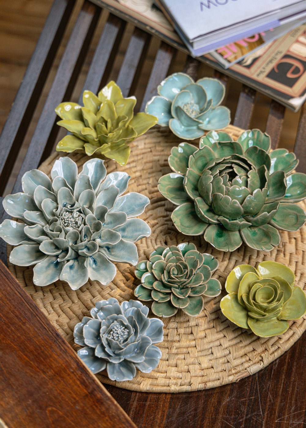 English Garden ceramic wall flowers styled as a tablescape — handmade by Chive Studio Toronto